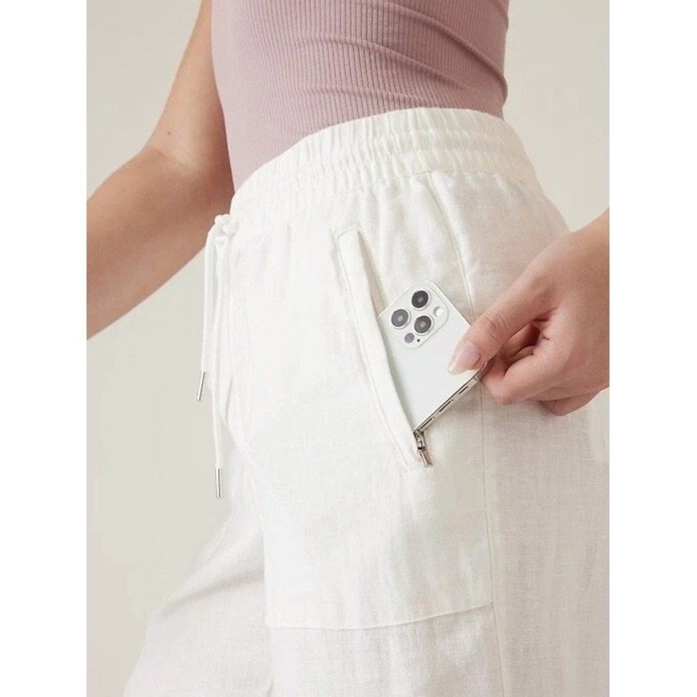 Athleta Retreat 100% Linen Jogger Pants White Resort Beach Zip Pockets Size 6 - Picture 3 of 14
